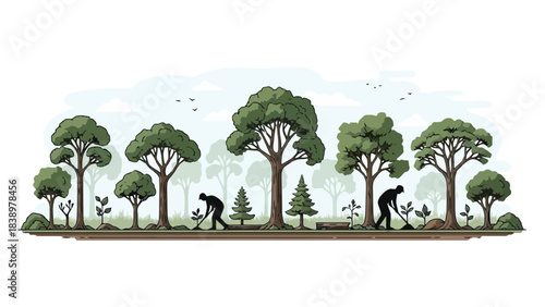 People Planting Saplings in a Lush Forest, Promoting Environmental Conservation and Growth