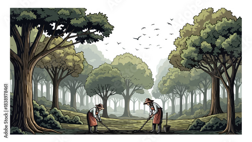 Two Farmers Working Together in a Lush Forest Clearing Planting Seeds