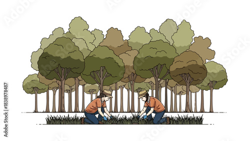 Environmentalists examine plants in a forest with lush trees and green grass background