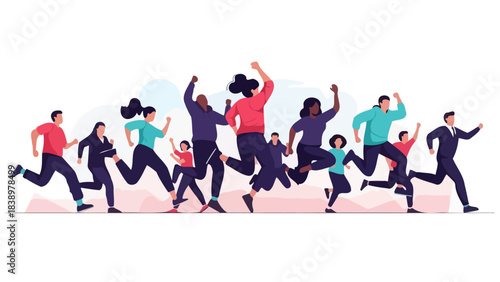 Diverse group of people running and jumping with joy, celebrating success and teamwork