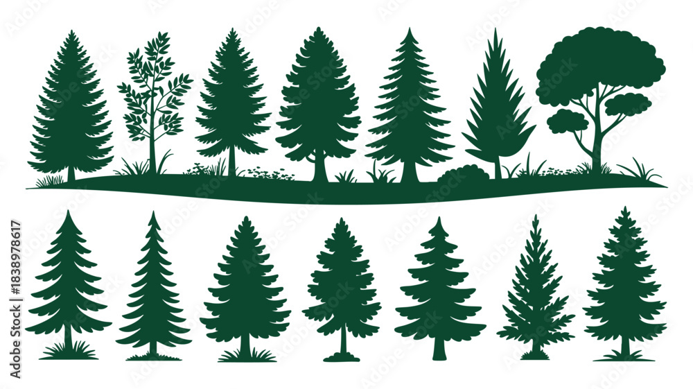Obraz premium Green tree silhouettes set, forest and individual conifer plants Vector, illustration