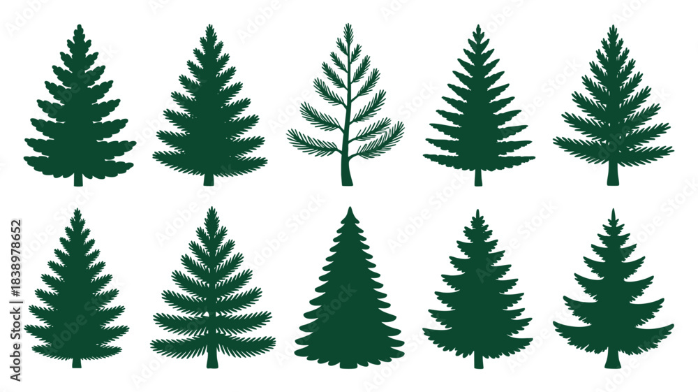 Obraz premium Various green fir tree silhouettes isolated on white background Vector, illustration