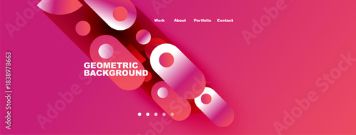 Abstract pink background features geometric shapes, text elements, navigation menu. Modern design suitable for website header or banner.