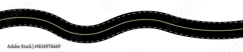 Winding road top view, curved highway path with lane markings, long trip route map, wavy street track design. Flat vector illustration isolated on white background.
