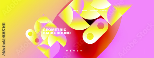 Abstract geometric background. Vibrant colors blend, creating dynamic visual effect. Text elements present, navigation visible.