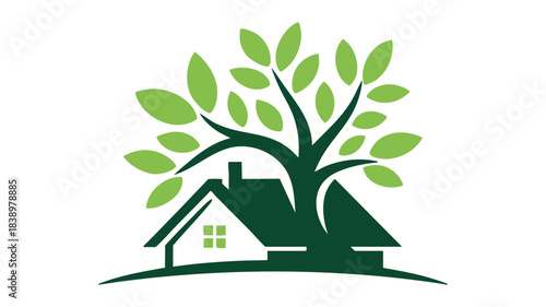 Green house and tree logo design representing eco-friendly living Vector, illustration