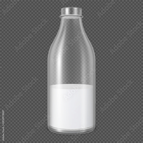 Realistic mockup of an open glass bottle with half-filled milk or kefir.