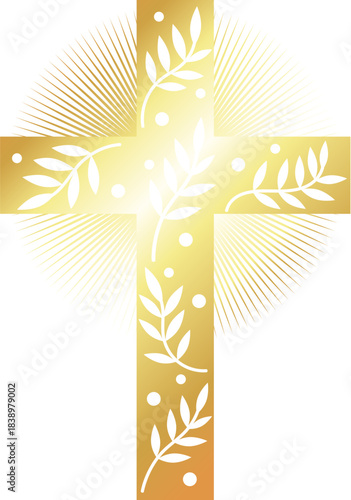 Golden Christian cross with branches and radiance