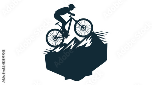 Mountain bike rider silhouette emblem over dynamic mountain. Vector, illustration
