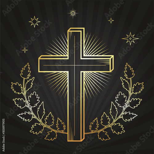 Golden Christian cross with branches, rays of radiance and stars