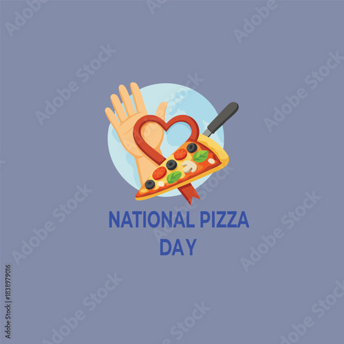 Creative pizza slice illustration with heart and spatula for National Pizza Day celebration on colorful background