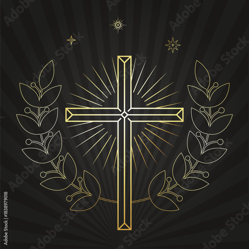 Golden Christian cross with branches, wreath, rays of radiance and stars