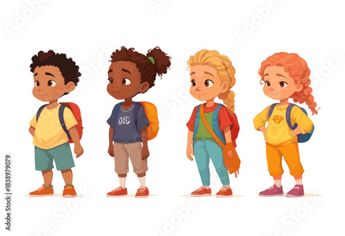 A diverse group of four cute cartoon children characters with colorful backpacks standing in a row, representing a back-to-school concept, isolated on a white background