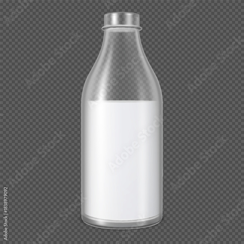 Realistic transparent plastic or glass bottle of milk, dairy liquid drink product package almost full vector mock up