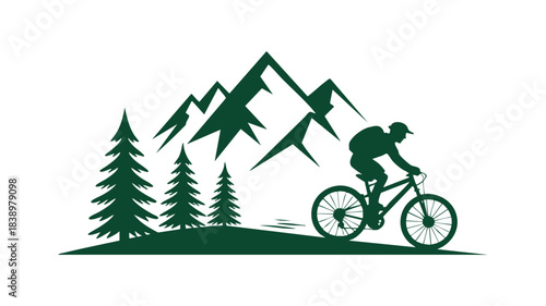 Mountain biker riding through a forest with towering peaks background Vector, illustration