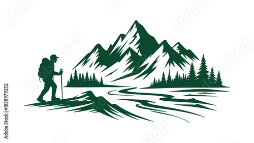 Hiker adventure trekking mountains, forest, river path silhouette Vector, illustration