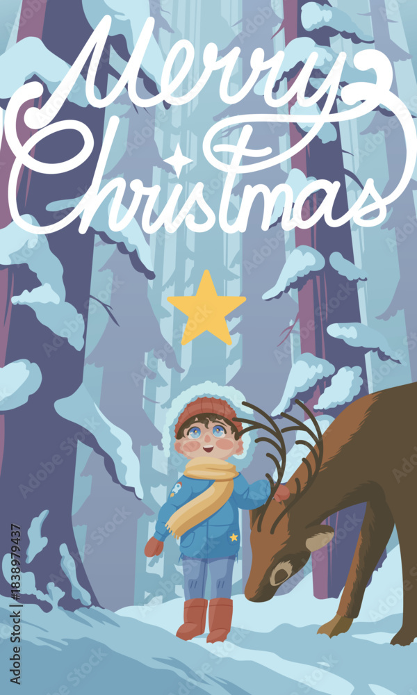Fototapeta premium Christmas card, winter illustration with child and deer in the forest