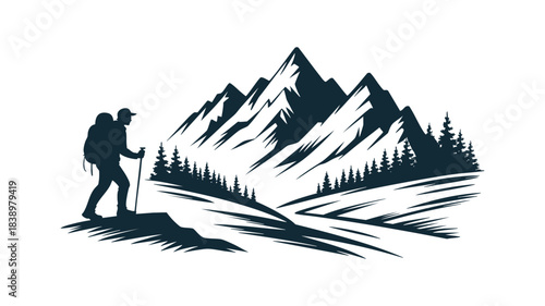 Hiker with backpack and trekking poles in mountain landscape Vector, illustration
