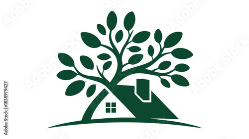 Green tree and house logo symbolizing sustainable living concept Vector, illustration