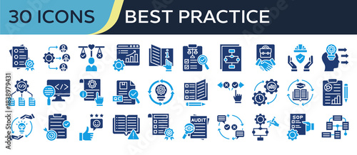 Collection of Best Practice icons, related to Quality Standard, Workflow, Performance Metric, Skill Transfer, Quality Control and more. Solid icons vector illustation.