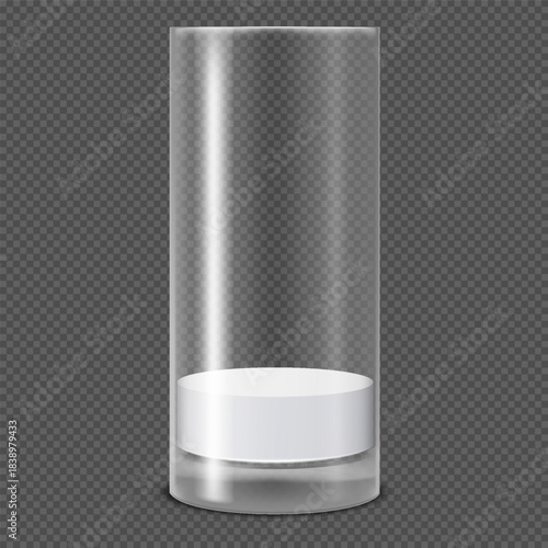 Realistic transparent glass cup with milk, kefir, or yogurt at the bottom.