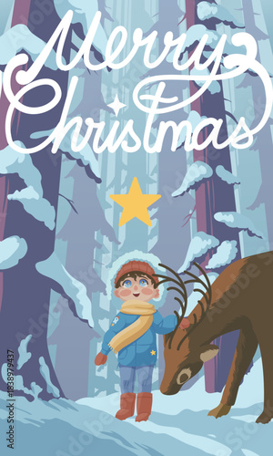 Christmas card, winter illustration with child and deer in the forest