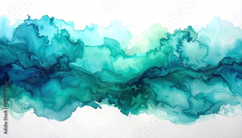 Flowing watercolor depicting shades of teal and turquoise against a white background