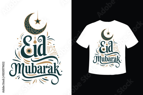 Eid mubarak calligraphy design with crescent moon and star on t shirt mockup