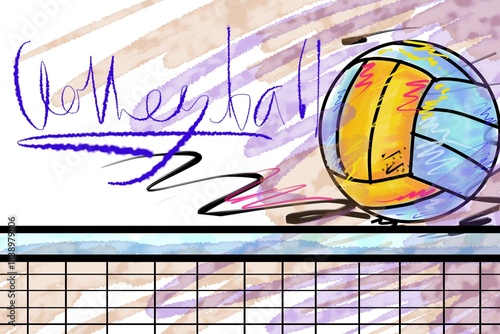 Ball​  volleyball​  sport​ art​ brush​s​ trokes​ style​ ​and​ net​ play​ text​ design​ freehand​