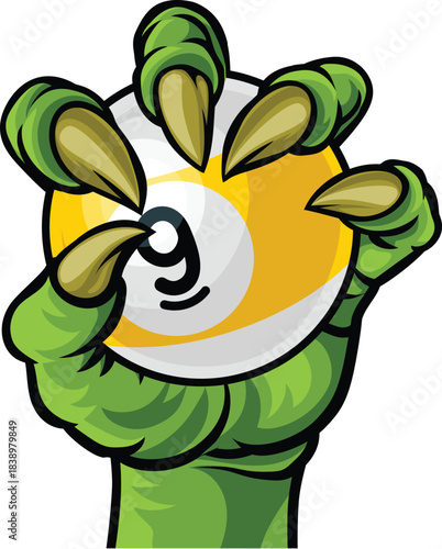 Claw hand nine ball pool billiards sports mascot holding a 9 ball cartoon illustration