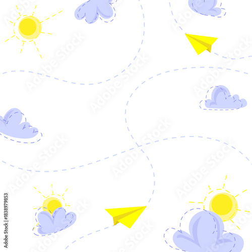 Sky themed frame with yellow paper planes, blue clouds, sun, and dotted flight lines on white background with space for text, ideal for invitations, posters, greeting cards, kids designs. Vector