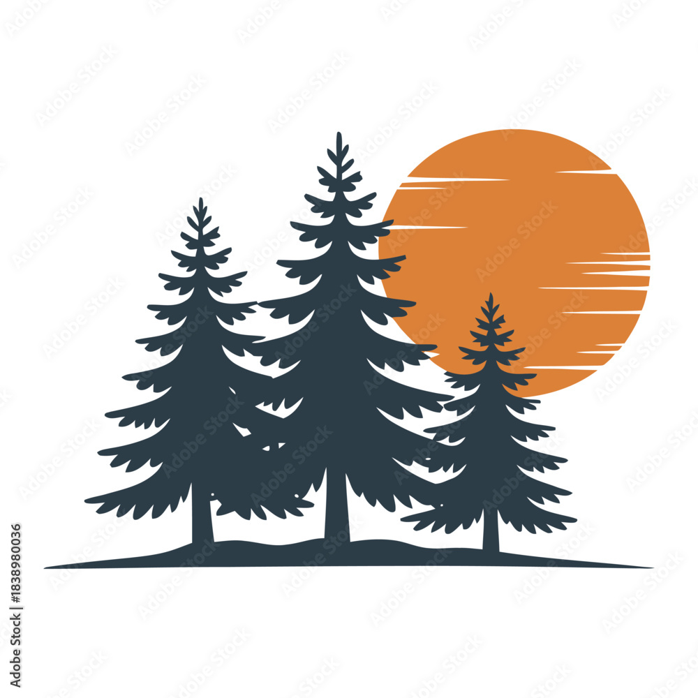 Obraz premium Pine tree forest sunset illustration Vector