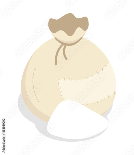 Isometric cloth bag containing finely ground flour, rye groats, sugar or salt. Isolated cartoon vector on white background top view