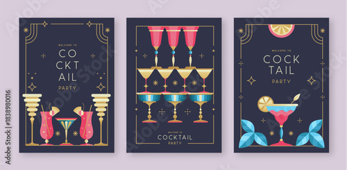Set of holiday cocktail party posters with cocktail and champagne glasses. Restaurant menu design. Frame design. Vector illustration