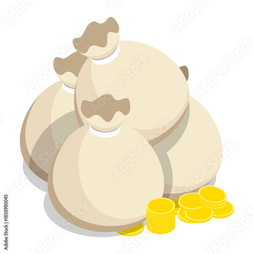 Isometric treasures of gold coins folded into bags. Isolated cartoon vector on white background top view