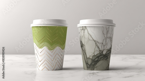 Two decorated disposable beverage containers sit side by side on a light surface