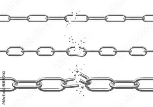 Realistic broken steel chains vector set, detailed 3d destruction silver chain disconnected sequence collection