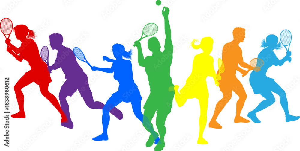 Fototapeta premium Silhouette Tennis players set. Active sports people healthy players fitness silhouettes concept.