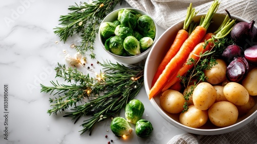 Fresh vegetables and herbs preparing for holiday meal
