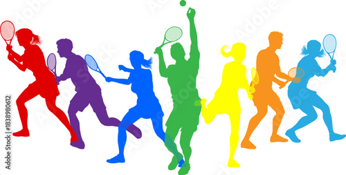 Silhouette Tennis players set. Active sports people healthy players fitness silhouettes concept.