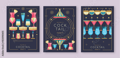 Set of holiday cocktail party posters with cocktail and champagne glasses. Restaurant menu design. Frame design. Vector illustration