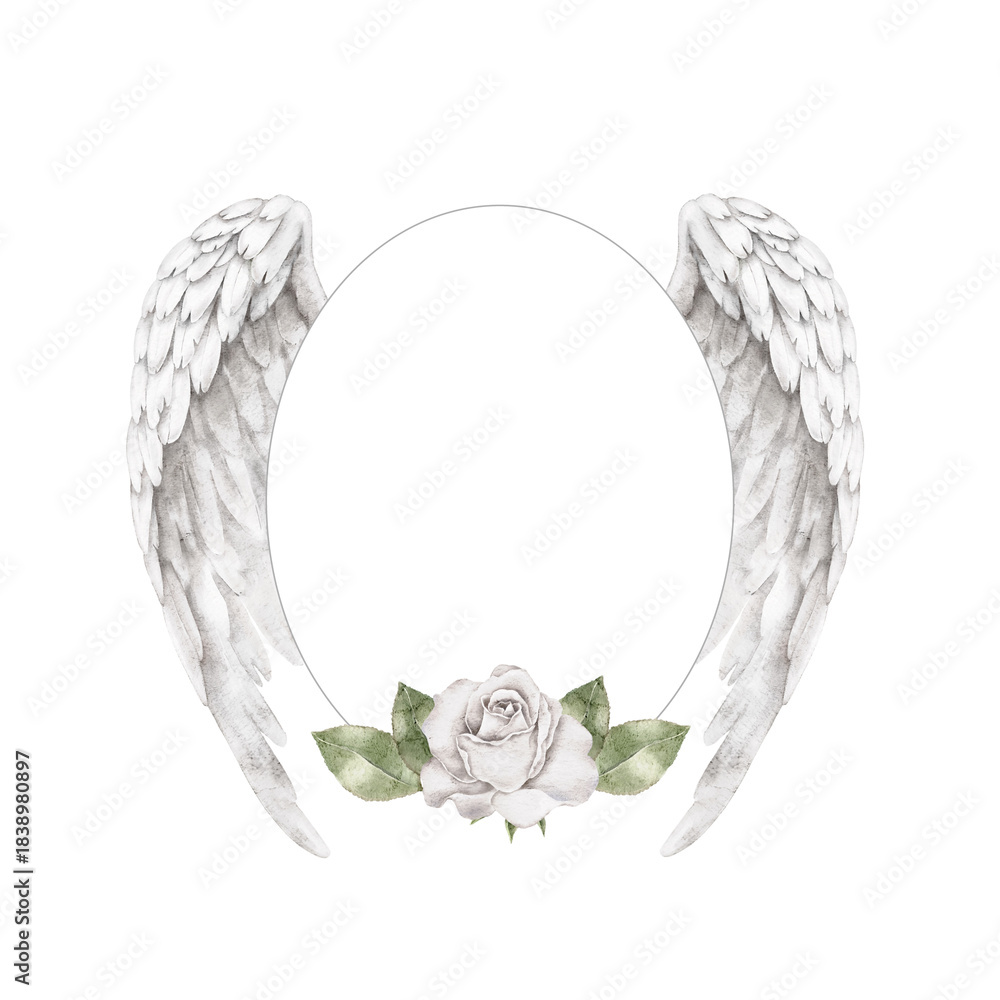 Obraz premium Memorial wreath frame with white angel wings, oval shape, and single white rose with green foliage, watercolor design for condolence templates, sympathy invitations, memorial cards, spiritual gifts