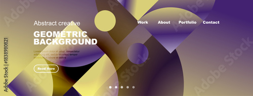 Modern website mockup. Gradient colors, geometric shapes, text elements present. Navigation menu visible, simple design.