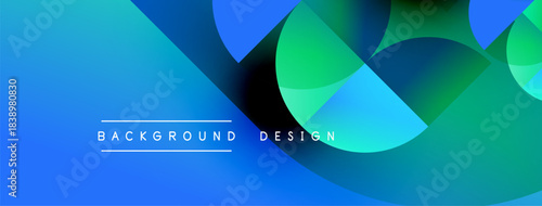 Abstract geometric shapes overlap, creating vibrant blue, green gradients. Modern design elements suggest technology, innovation. Text reads background design.