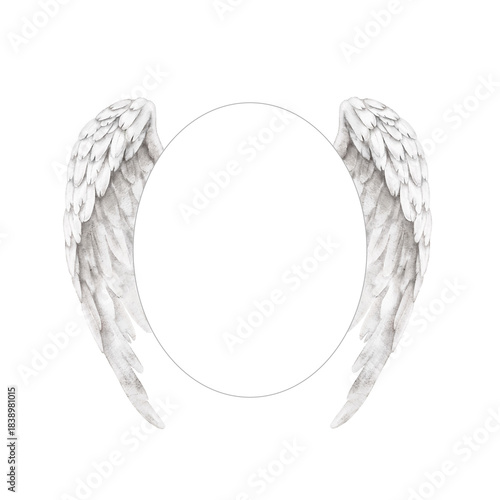 Watercolor oval frame with white angel wings, perfect memorial template for remembrance cards, tribute invitations, condolence souvenirs, photo decoration, or spiritual keepsake stationery design