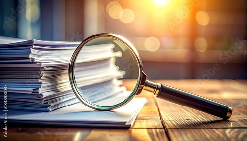 Close-up of magnifying glass examining a stack of documents on a wooden desk
