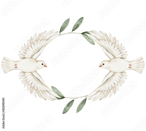Two white doves facing each other wreath with olive leaves, watercolor artwork for memorial templates, wedding invitation, remembrance cards, spiritual greeting, or peace-themed design projects.