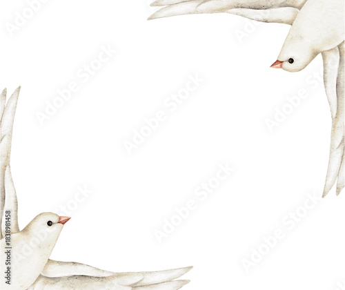 Frame with white doves with open wings, watercolor pastel card border for sympathy templates, spiritual messages, peace announcements, memorial invitations, or gentle memorial design.