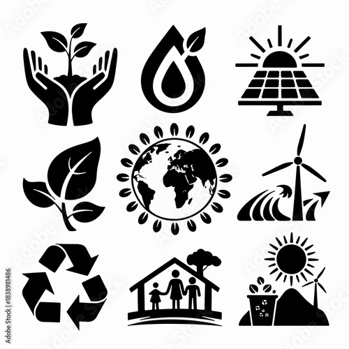 Eco-Friendly Icons: A visual tapestry of eco-friendly symbols, showcasing a commitment to conservation, sustainability, and renewable resources. Each icon, from hands cradling a plant to solar panels.