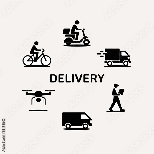 Delivery Options: A set of minimalistic illustrations depicts diverse delivery methods, showcasing the efficiency and versatility of modern logistics.